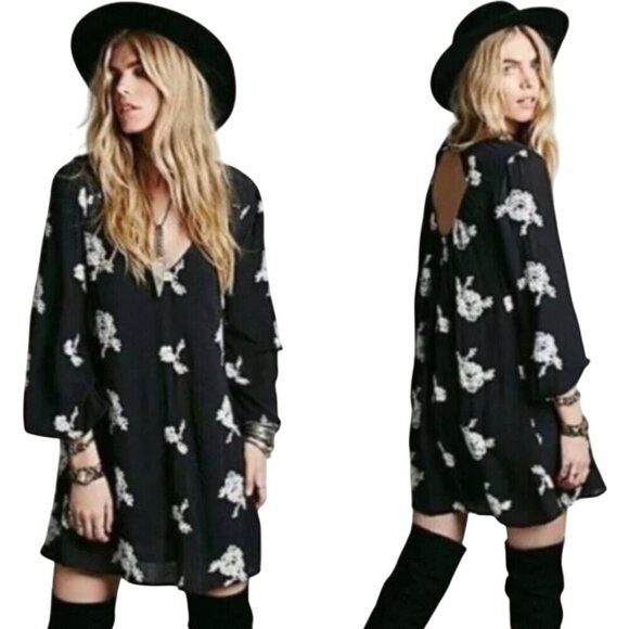 Free People Emma Austin Swing Trapeze Dress Black Embroidered Long Sleeve Size S - Picture 1 of 16